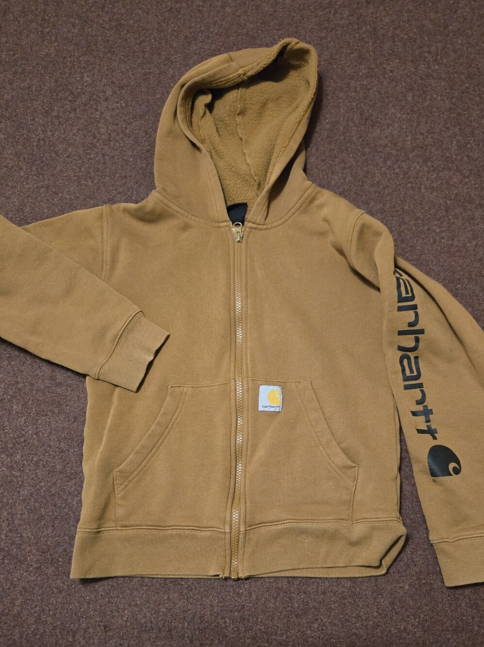 Carhartt Kids Size 10/12 Medium Zip Up Hoodie With Pockets Tan And Black